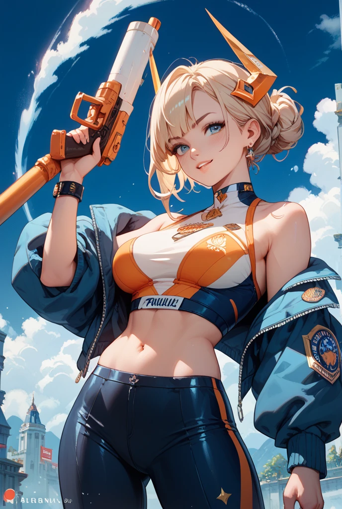 Cute girl, short yellow hair, blue eyes, smile, red tank top, big breasts, bare shoulders, exposed stomach, wide and wide brown belt, blue gloves, dark blue loose pants with a circle embroidered with a star in the middle with a white line.