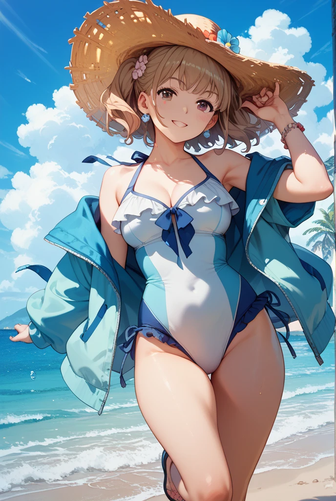 NSFW、artoria、Saber Altria、rich Boobs、Chignonhair、a blond、Green eyes,adult lady、a matural female、(masutepiece、of the highest quality、Best Quality)、reallistic、Smile embarrassedly、Vegas Casinos、sexy swimwear、Revue swimwear、Swimwear with less fabric、Navel costume、neck tie、Sai High Knee Socks、Sleeveless、