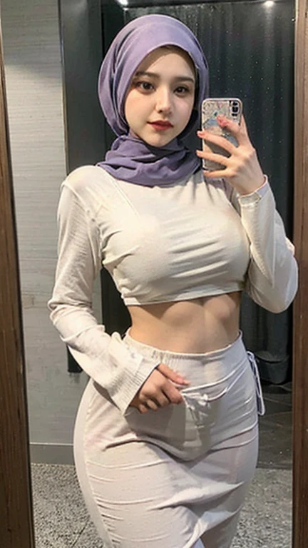 top Quority，Ultra-clear resolution,  Korean Teen 18 years old.  ((pashmina white hijab)).  seductive,   Charming,   voluptuous figure,   Thin,   slender.   skinny,   Chest reduction,   Clear eyes,   innocent face,   is a perfect face,   White skin,   Perfect chest,   Make-up face.

((Wearin sunglasses)),   ((Micro panties)).  ((Tank top)).   ((Tank top)).  Stand.   in front of the make-up mirror