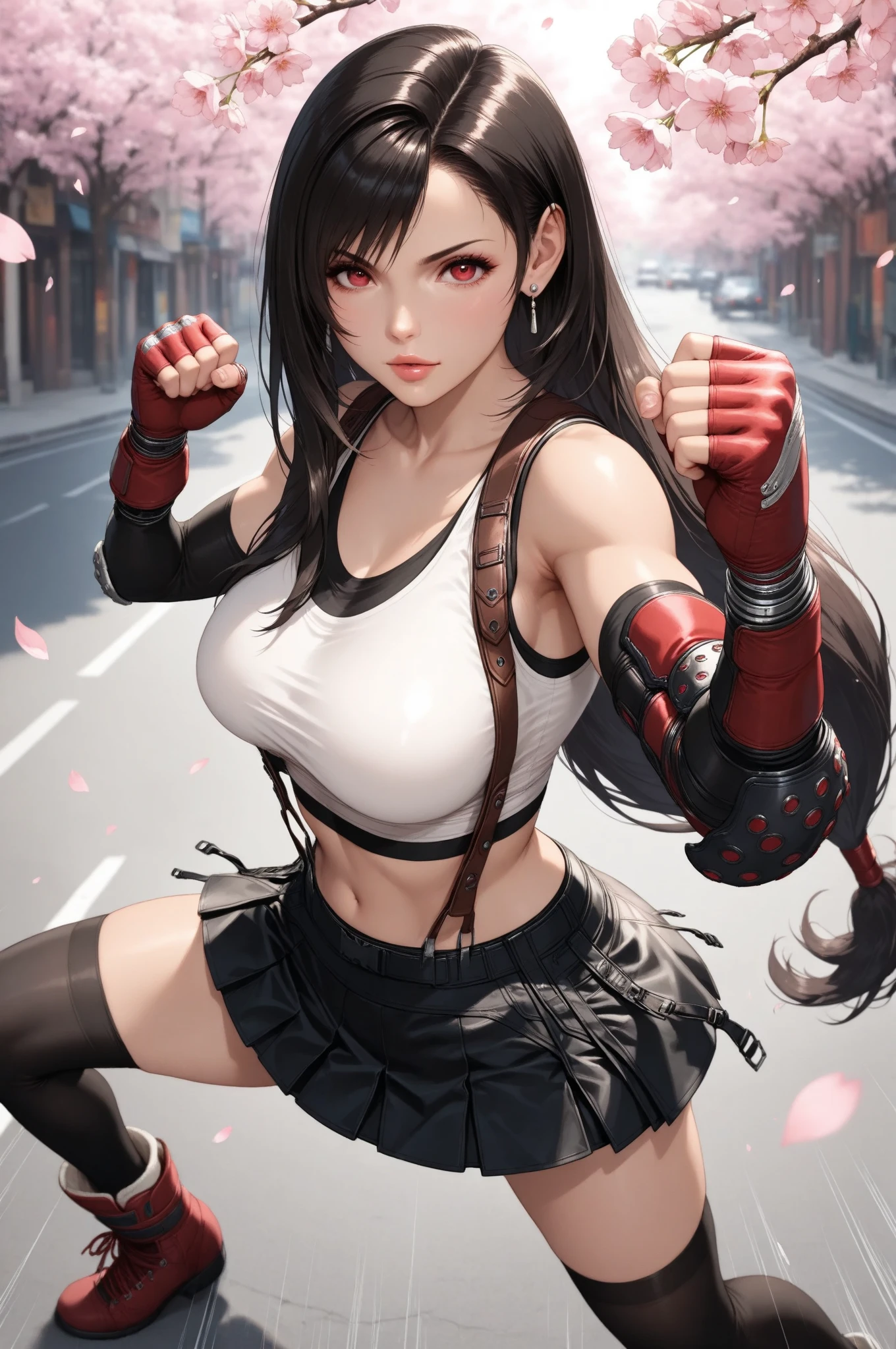masterpiece, best quality, <lora:tifa-nvwls-v2-000008:0.9> defTifa, red eyes, low-tied long hair, earrings, white crop top, suspenders, black miniskirt, pencil skirt, arm warmers, elbow pads, red gloves, , standing, fists, fighting stance, looking at viewer, furrowed brow, grin, night sky, alleyway