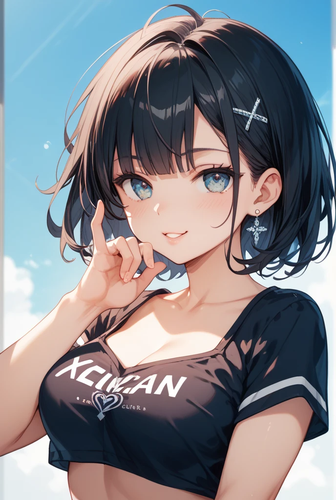 ollarbone,black t-shirt,off-shoulder look,bare shoulder,midriff peek,micro shorts,open mouth,tongue out,cum on tongue,Black sofa,sit,Selfie,looking ahead,from above,flont view,cowboy shot,(1girl,Beautiful 14 year old girl),((Slender,Small breasts,Small face,)),looking at viewer,Black Hair,bangs,one side up,Beautiful and detailed,Mischievous smile,Dimly lit room,Simple Background,Black background,Low lighting
