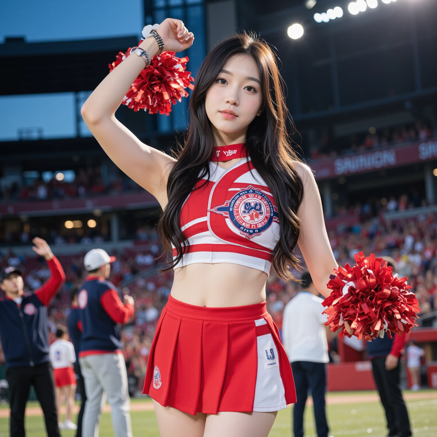 RAW photo, cheerleaders at a football game, crowd in the background, mooning, skirts, best quality, cinematic, best quality, 8k uhd, dslr, soft lighting, high quality, film grain,