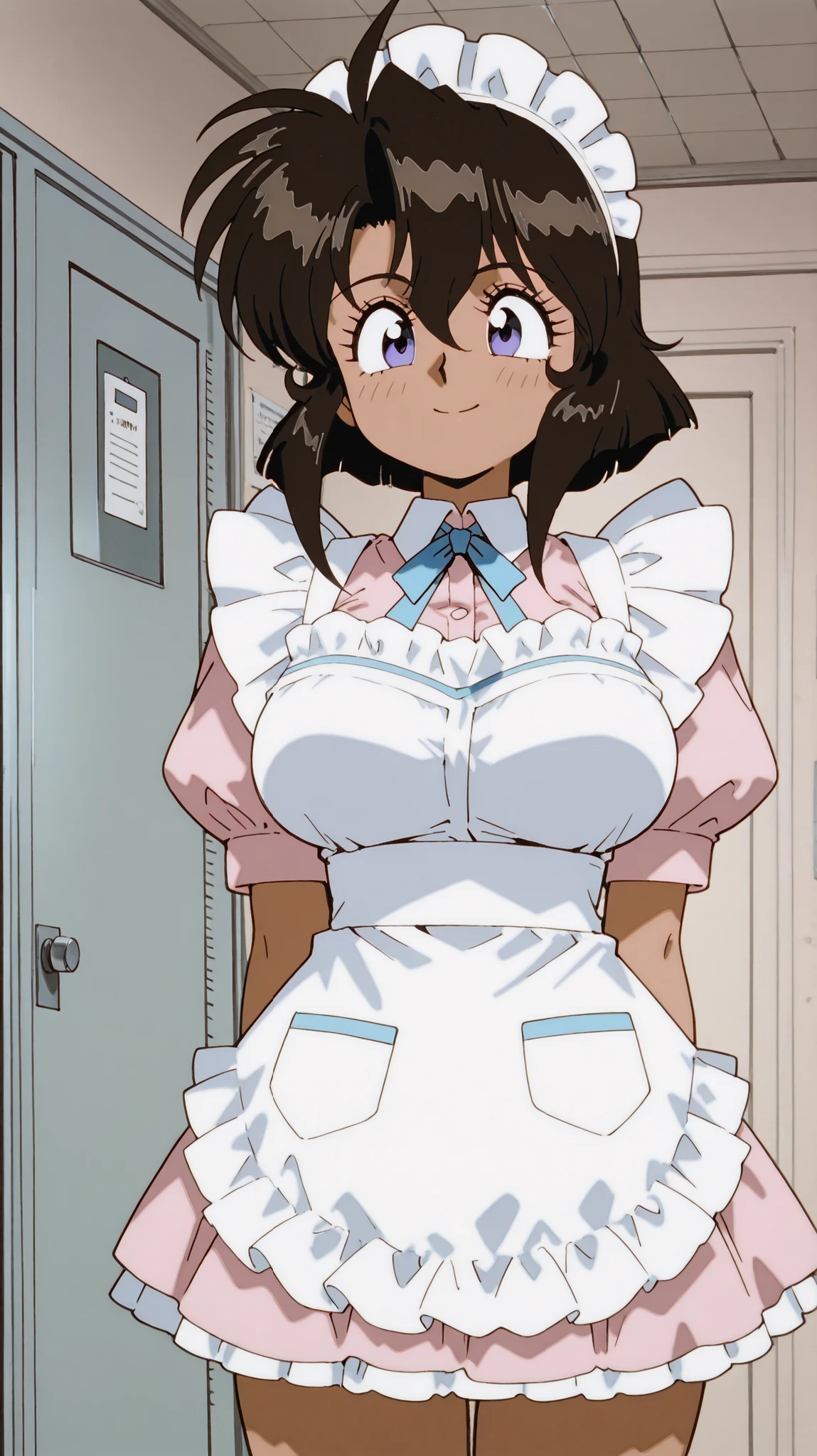 illustration "Larry Vincent" From the animation "Gun Smith Cats". 19 year old Indian British American woman.  Height 170cm. Weighing 51kg. Brown Skin. Medium-long black hair . she's a bounty hunter. very very very big breasts（big boobs：99.9）、Wear a pink and white maid costume、pink and white ruffled maid costume、pink ruffled miniskirt、背景はメイドHospital、Hospital、Smile Yan、満面のSmile Yan、Flushing、I like you 
