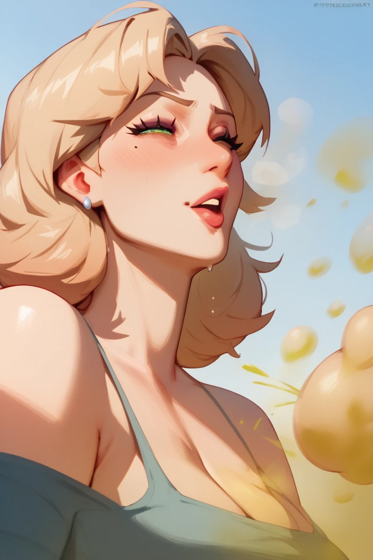 A tall 18-year-old girl, big chest, beautiful beauty, beautiful, cute, affectionate, long blond and curly hair, natural blue eyes, nude Sucking a banana in de beache