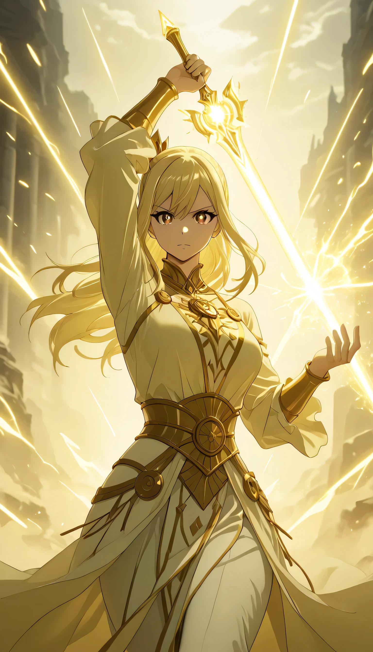 masterpiece, high score, great score, absurdres, close-up, beautiful woman, lucy heartfilia, long hair, blonde hair, brown eyes, mature female, ((celestial king zodiac form, celestial king zodiac clothes, Holmagmb, glowing, Yellow theme, Glowing eyes, yellow eyes,
Light swordman, light sword magic, luxurious and magnificent celestial king zodiac transformation clothing, with details and precision, aura, aura magic sword, vivid colors, volumetric lighting, soft lighting, one girl, one female, one woman,cowboy shot,outdoors, depth of field, ((serious mode, holding light sword pose)), looking at the viewer, half body, swordman pose stance, light sword