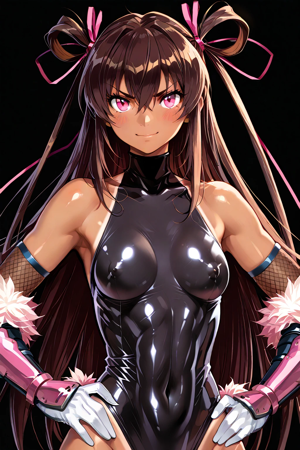1girl,solo,cowboy shot,standing,(brown hair:1.4),long hair,ahoge,hairs between eyes,curly hair,(brown eyes:1.4),(beautiful fingers:1.4),(perfect anatomy:1.4),(arms_behind_back:1.6),(cold_shoulder:1.2),(latex luster shiny glossy metallic:1.6),(shiny_clothes:1.6),masterpiece,best quality,(Ultra high definition eyes:1.2),8k,(Beautiful detailed eyes:1.2),(Fine and beautiful eyes:1.2),(pretty eyes:1.2),finely detail,extremely CG, absurdres,high resolution,illustration,Detailed and beautiful outlines,finely detail,high resolution,(colorful refraction:1.4,Increase saturation:1.2),beautiful lighting,dynamic lighting,closed room,black background,simple background, smile,looking at viewer,shamiko,(horns:1.6),(white Clear PVC sheets sleeves:1.4),(sheer sleeves:1.4),(see-through sleeves:1.4),(wide sleeves:1.2),(purple thigh boots:1.2)