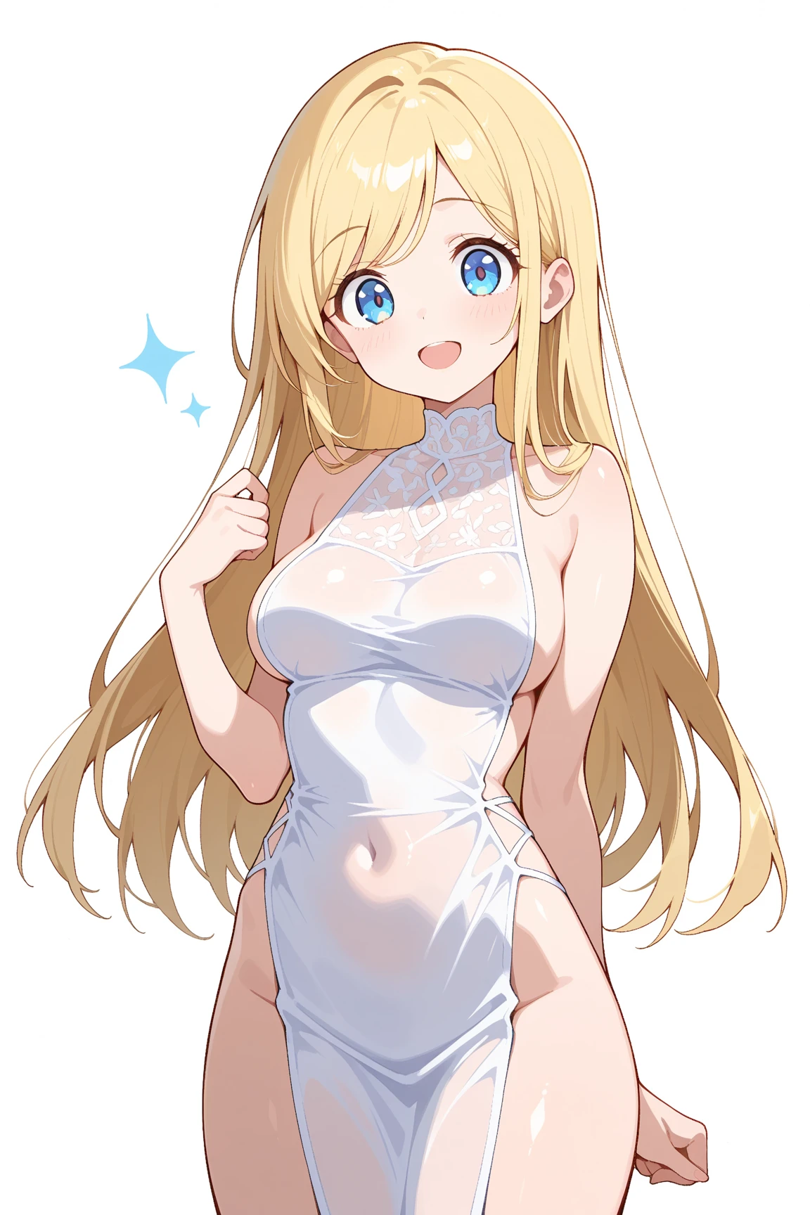 pregnant cute little girl with long blonde hair, blue eyes in white bikini