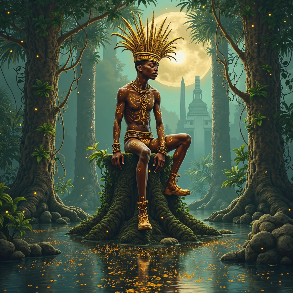 crie um ((artistic)) imagem de um ((atordoante)) deus masculino africano rodeado de nuvens, tomando um ((maravilhoso)) position and ((Cintilante)) com o sol. Deus Obatala. roupas brancas. pele negra. anatomia perfeita. 50 anos. A imagem deve estar em um ((fantasia)) configuration with ((High Artistic Colors)). The camera must be configured as a ((medium shot)) com um ((olho de peixe)) primavera, capturando o deus e os arredores. A imagem deve ter ((Amazing details)) e um ((surreal)) Estilo. The resolution should be ((4k)) com ((HDR)) The lighting.
Preparando