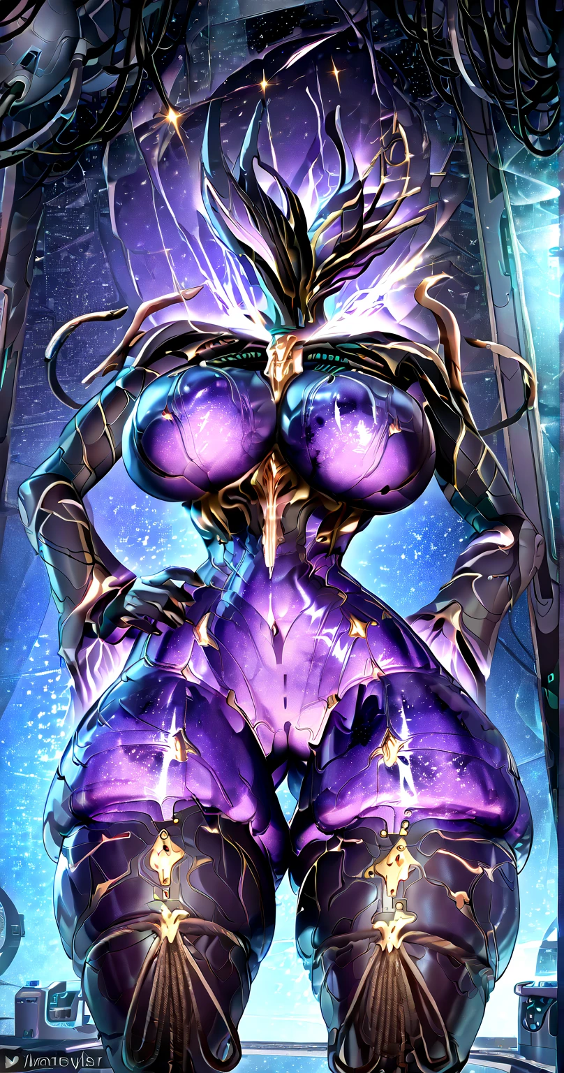 Female with purple and red hot insect shell、Guyver Style、evil smile、(masterpiece, :1.3),(top-quality:1.4)、tail、Cel Shade Adult Animation、Alien Queen、Full Body Art