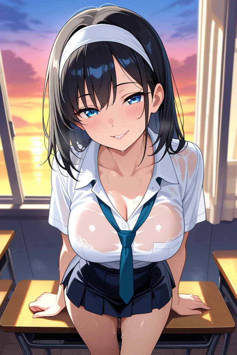 cute girl、big breasts、yellow ribbon、ponytail、blue eyes、sailor suit、best quality、Upper body naked、beautiful breasts、cute nipples、breast milk、Milk from、smile