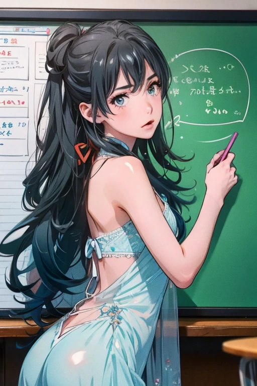 (leaning foward),beautiful with long wavy hair, Bohemian dress, naked, with a chalkboard "I love SeaArt Infinity" Showing it to the audience