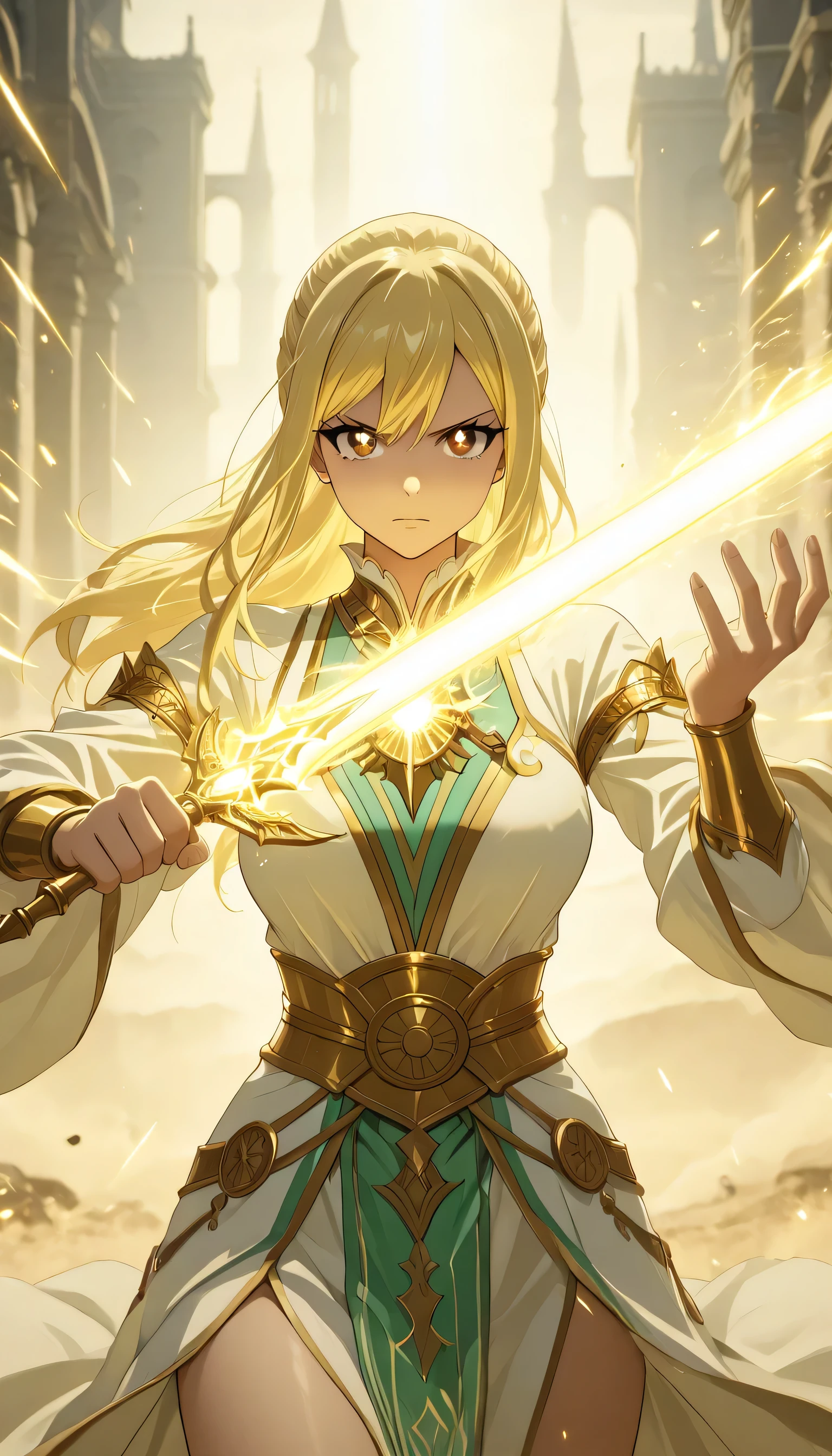 masterpiece, high score, great score, absurdres, close-up, beautiful woman, lucy heartfilia, long hair, blonde hair, brown eyes, mature female, ((celestial king zodiac form:combination white and green color, celestial king zodiac green and white clothes, Holmagmb, glowing, Yellow theme, Glowing eyes, yellow eyes,
Light swordman, light sword magic, luxurious and magnificent celestial king zodiac transformation clothing, with details and precision, aura magic sword, vivid colors, volumetric lighting, soft lighting, one girl, one female, one woman,cowboy shot,outdoors, depth of field, ((serious mode, holding light sword pose)), looking at the viewer, half body, swordman pose stance,  sword, swordman ready to fight pose stance
