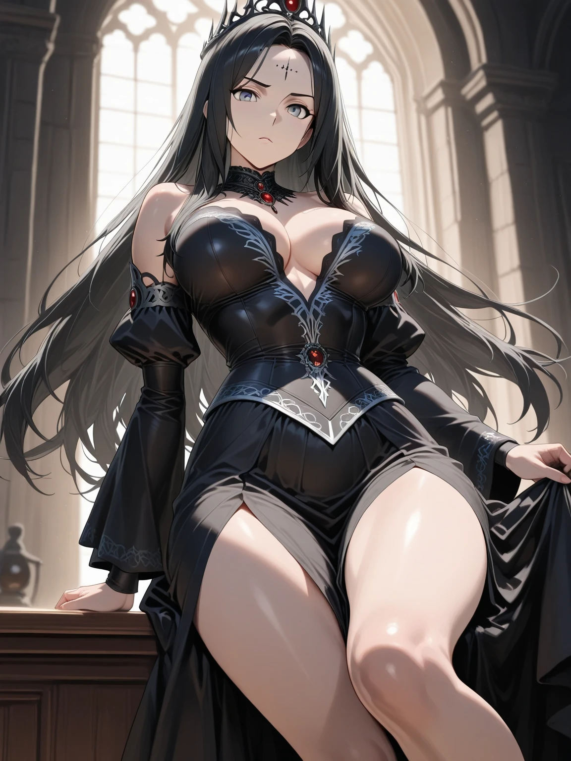 In the dimly lit room, a sensual female figure clad in formal attire stood before a large easel, her gothic dress draped elegantly around her curves. The concept art of her appearance was spread out on the table, each detail meticulously studied and sketched onto the canvas. She turned around, the elegant train of her dress trailing behind her, and adjusted her posture, the fabric accentuating her hourglass figure. With a gentle touch, she traced the outline of her dress on the model sheet, ensuring every detail was precisely captured. The room filled with a confident air, as she prepared to bring this masterpiece to life.

In the dimly lit room, a woman