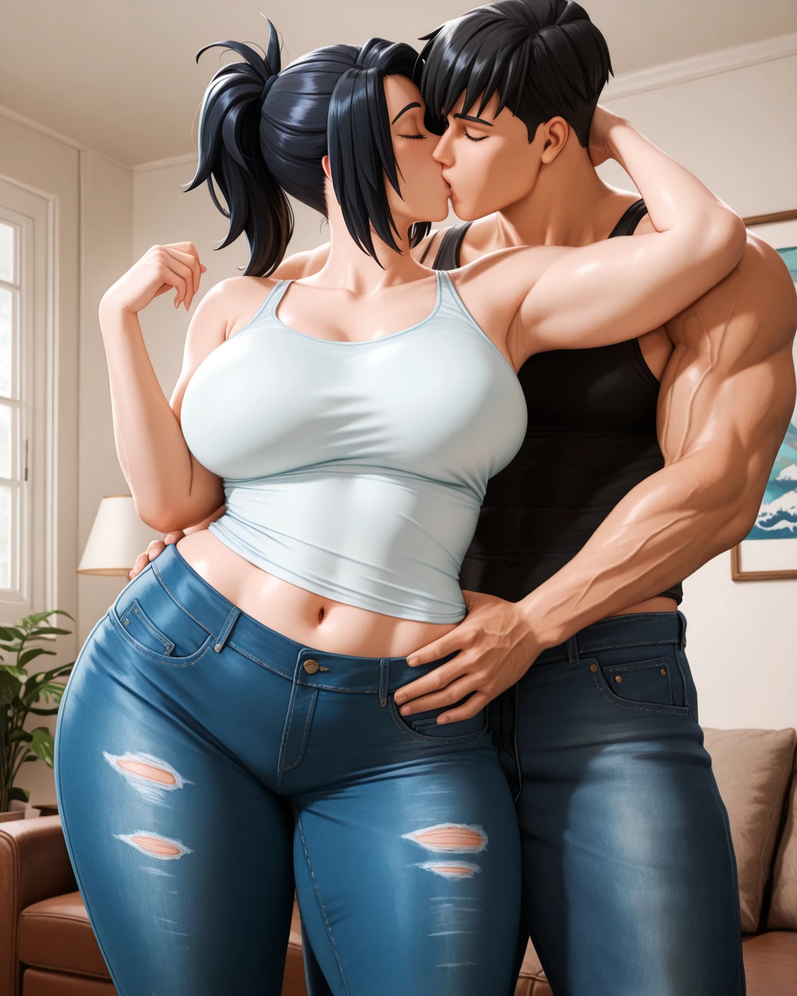 High resolution, (((House setting))), (((mature Hispanic girl ))), ((bimbo))), long black hair, ponytail, wide hips, thick thighs, hourglass figure, small round breast, her head is turned looking at the viewer with a sad, huge ass size, Brazilian butt lift, (she's wearing a flower dress), her ass is covered, (((a tale man walking beside her))), ((he's in his 30s and wearing a suite)), (((he's grabbing and groping her ass))), ((his hand is squeezing her ass)), (((her ass is being grabbed))), (((side view)))