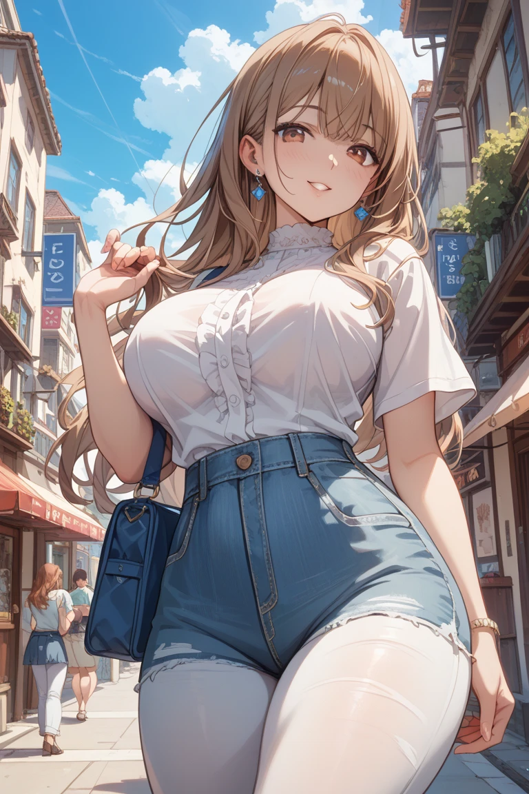 city, street, walk, Shoulder bag, ((blush:1.2)), 1 girl, riser, ((white shirt)), huge breasts, Naughty big breasts, ((long slender legs)), ((thin waist)), cowboy shot, thick thighs, beret, denim shorts, Beautiful woman, pretty face, Close your legs,