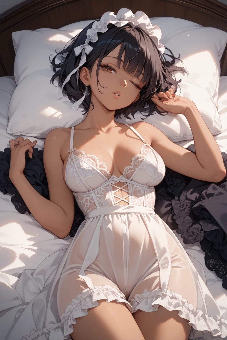 absurdres, RAW photo, extremely delicate and beautiful, masterpiece, Best Quality, ultra high resolution, 32k, hyperrealistic, ultra-detailed, in her 20s, delicate facial features, tearful mole, earring, medium breasts, full body shot, shorter middle hair, black hair, strapless, white shirt, shorts, 