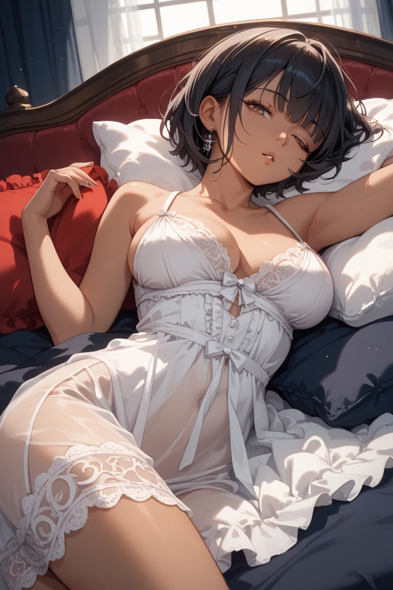 ((masterpiece, best quality)), Delicate face,Maid,whole body,dark skin,Long legs,Large Breasts,Gradient long wavy hair,Perfect body proportions,Pretty golden eyes,Extremely beautiful,transparent, Pure white background,Lying down,Erotic_lingerie,sexly_比基尼,Lace,Garter stockings