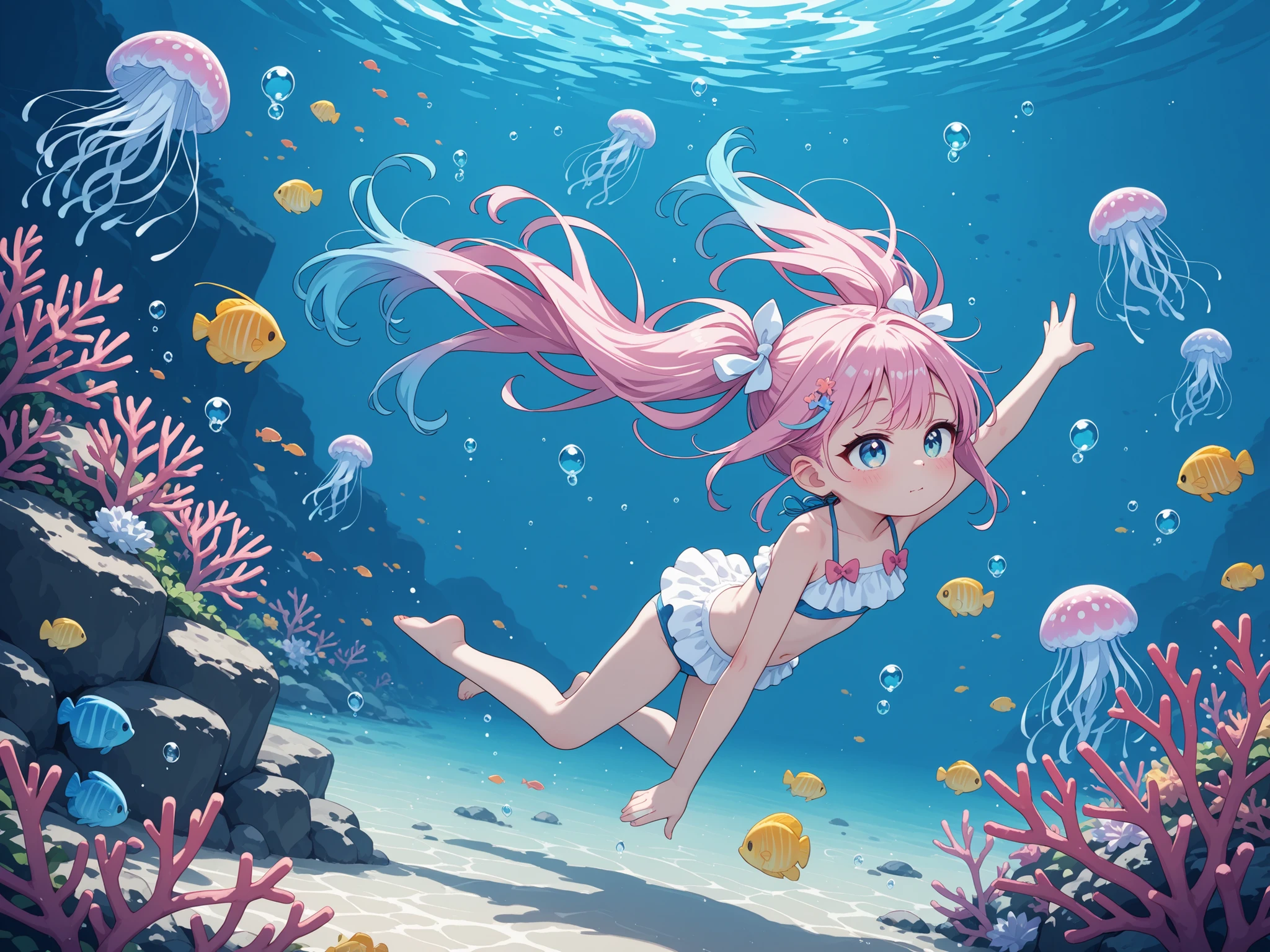 swimsuit、
(in the ocean:1.5)、(floating hair:1.3)、
(floating underwater 1.3)、coral、tropical fish、🐠、
(Floating like a jellyfish:5.5]、
(:):、♪、🎵、♪、♪、❤️、+++、thought bubbles、
[wide shot:4.0]、
[dynamic angle:3.5]、
[dynamic pose:3.5]、
Amazingly colorful、Overflowing with color、Extremely colorful、Random hair color、Colorful gradient hair color、Free design swimwear、Elaborately designed hairstyle、supreme quality texture, Accurate and realistic depiction,
loli、(((very little girl)))、
toddler,infant、
Underwater bubbles,