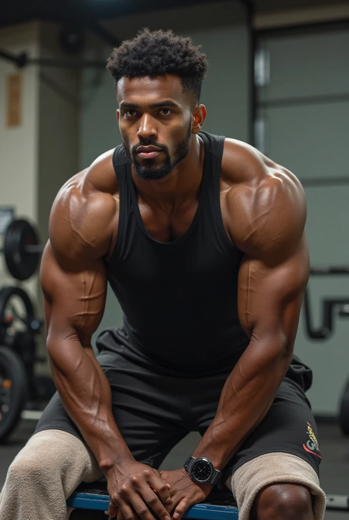 Huge black buff guy working out using building and gets his huge dick longer