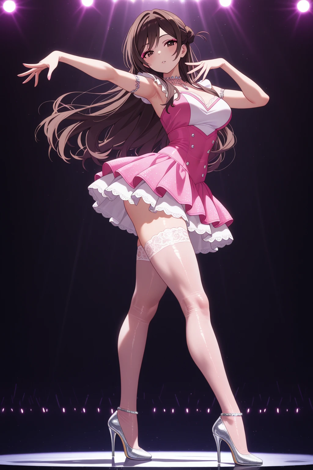 「NSFW」4k、high detal、japanaese girl、Healthy skin、modeled、Beautiful leg miniskirt、kawaii faces、A popular Japanese idol with a smile、Large-eye false eyelashes、(((Dance and sing on stage)))、lit up、jumpping、Korean adult idol、Mature clothing with legs open