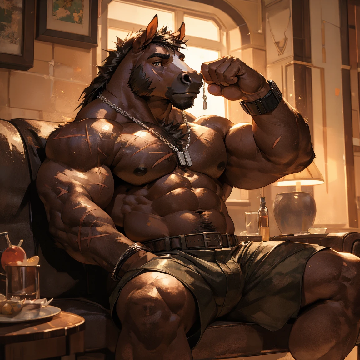 By Taran fiddler, one man, anthro, adult, mature male, micdle-aged, equine, horse, brown skin, black hair, dark mane, dilf, wrinkled face, smiling, rugged, muscular, naked, legs crossed, talking, hand gesturing, one nipple piercing, flaccid cock, equine genitals, hung dick, sagging balls, sitting on couch apartment background, dim lighting, no windows, dark atmosphere, extreme detail, muted lighting, dynamic pose, distance away from viewer, establishing shot, slightly messy apartment,