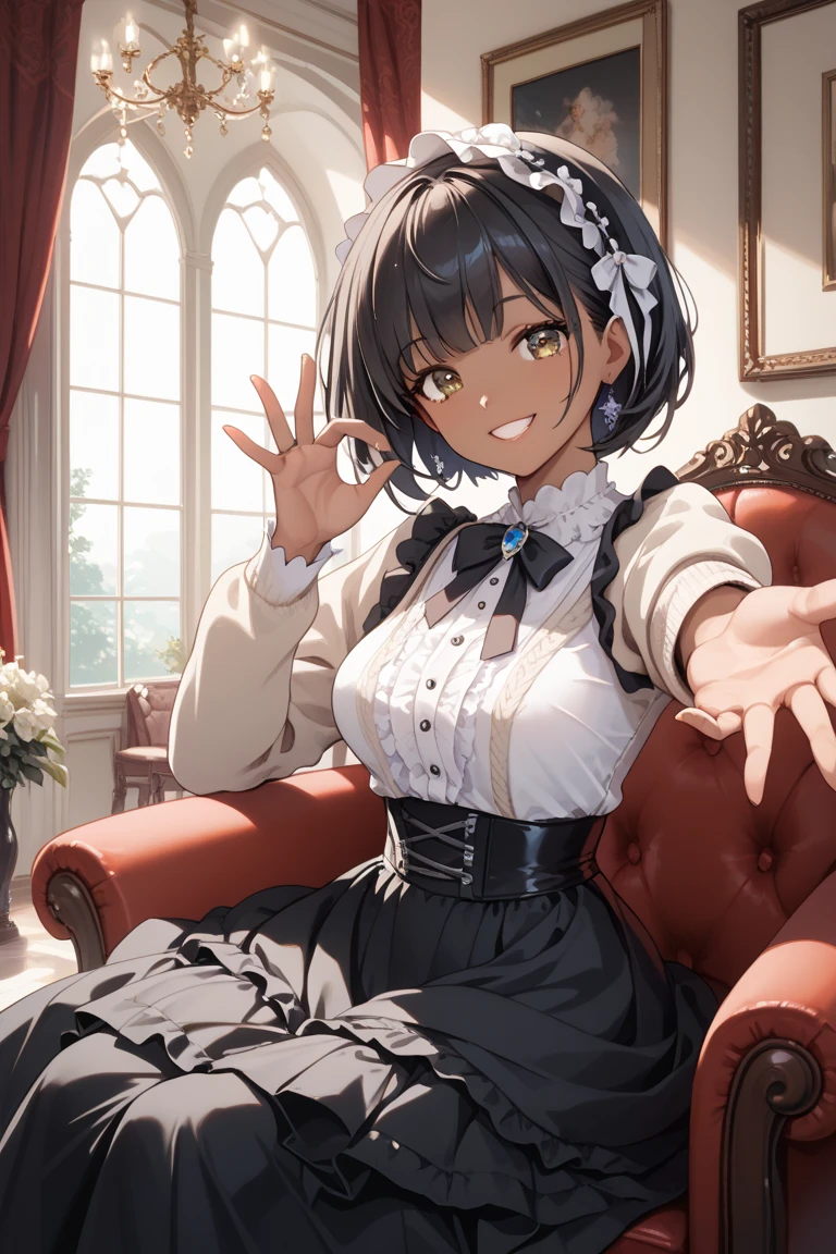 ((top quality)), ((masterpiece)), (detail), high resolution, perfect face, detailed eyes, fine eyes, cinematic lighting, (1 beautiful tan skin girl), black hair, (short hair), ((Chiemsee Tracht)), Luxurious embroidery, medium breasts, smile,