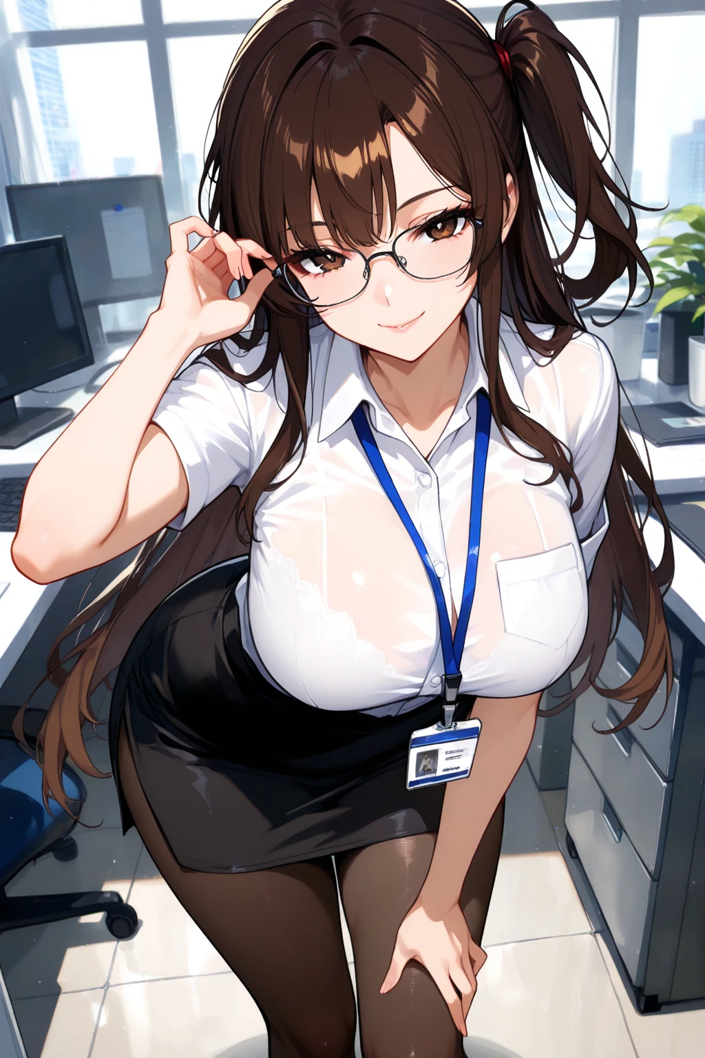 (super fine illustration,8K CG wallpaper,best quality,extremely detailed,ultra high res,best aesthetic),(upper body,chest focus,from above),(1 girl,over 30,beautiful girl,cute girl),(detailed beautiful face,beautiful black eyes,beautiful brown hair,glasses),(blush),((flat chest)),(perfectly shaped areola),(((no wear,no clothes))),((expose breast,breast out)),(sitting on desk,arms behind back),(office)