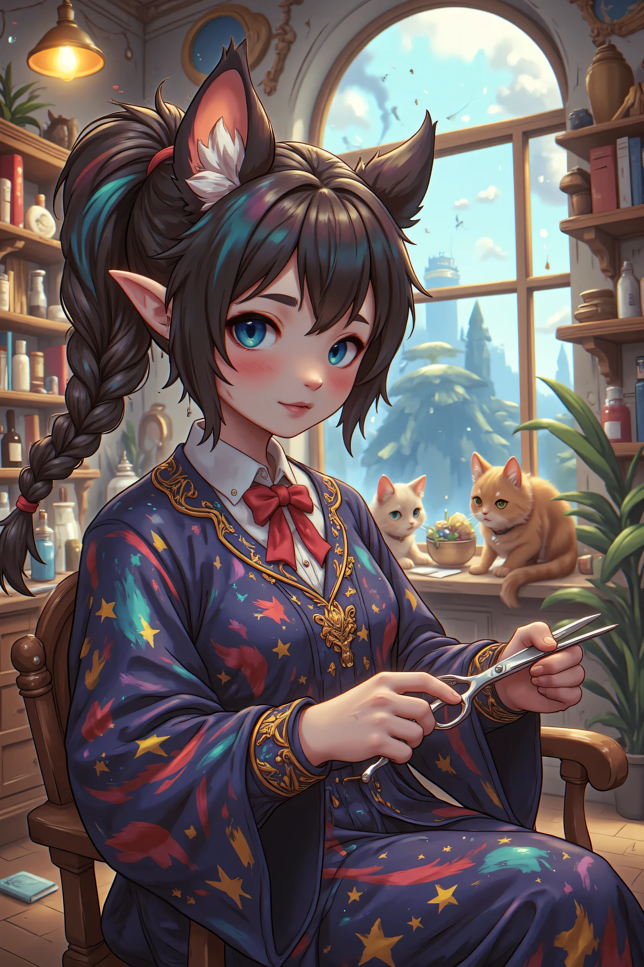 aidmanijiv6,zavy-ctcmcs,w1n,hyp3rd3tail style,midjourney , SFW a picture of a  female anthromorph hair dresser in a barber shop holding scissors, (intense details, Masterpiece, best quality) , colorful clothes, dynamic clothing, an ultra wide shot, full body (intense details, Masterpiece, best quality), dynamic fur color, rich hair, braided hair, small pointed ears, a, fantasy barber shop, stray cats, (intense details, Masterpiece, best quality), high details, best quality, 8k, [ultra detailed], masterpiece, best quality, (extremely detailed), dynamic angle, ultra wide shot, photorealistic, RAW, fantasy art, dnd art,fantasy art, realistic art, Celestial Fantasy, zavy-ctcmcs, w1n, hyp3rd3tail style