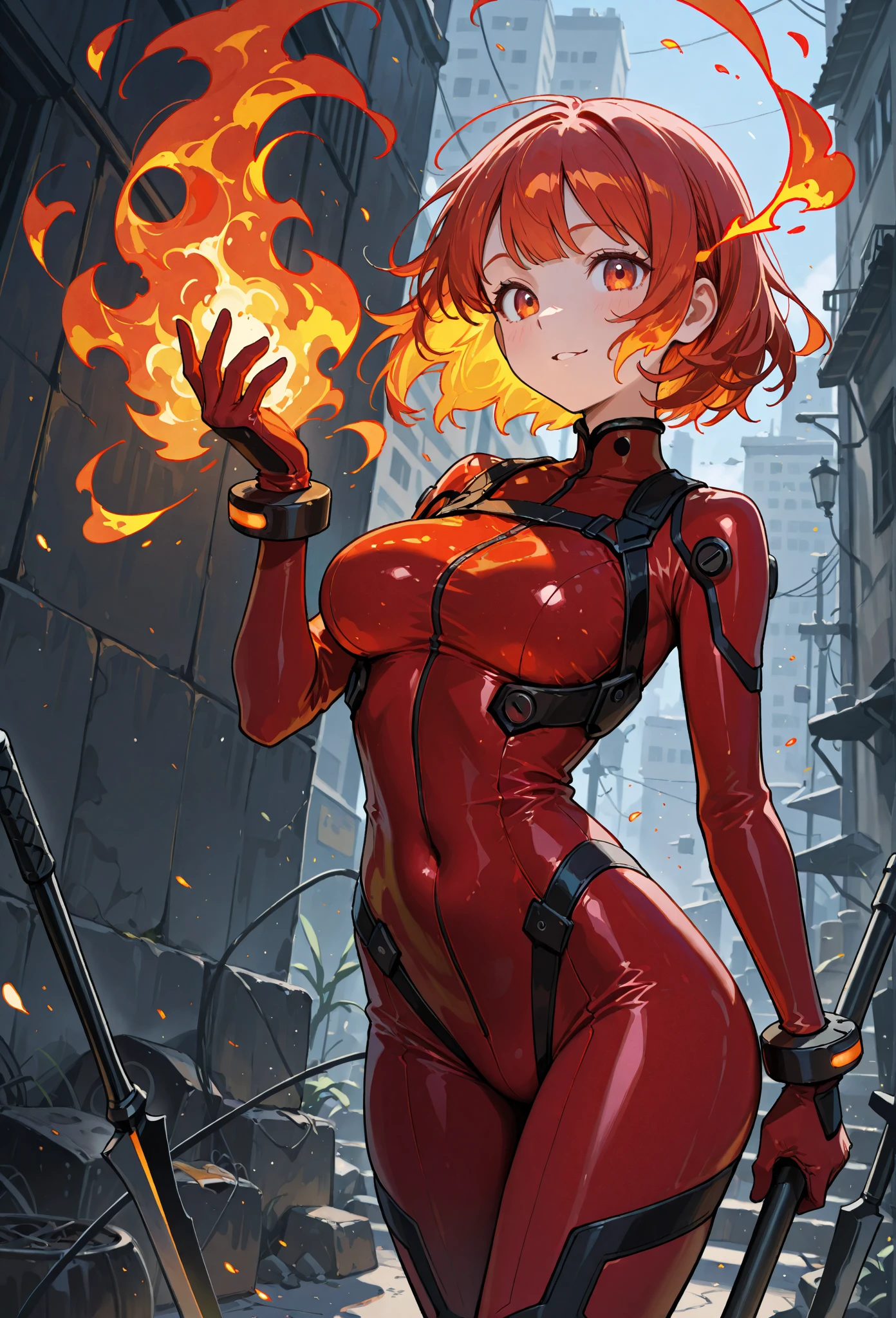 1girl,solo,super detailed skin,shiny skin,wet oily skin,expressionless,lips gloss,eyelashes,red hair,blunt bangs,sidelocks,a braid,large breasts,beautifully shaped breasts,body suit,floating fire,night city,cowboy shot,fire magic,masterpiece,best quality,ultra detailed,high resolution,sharp focus,depth of field,