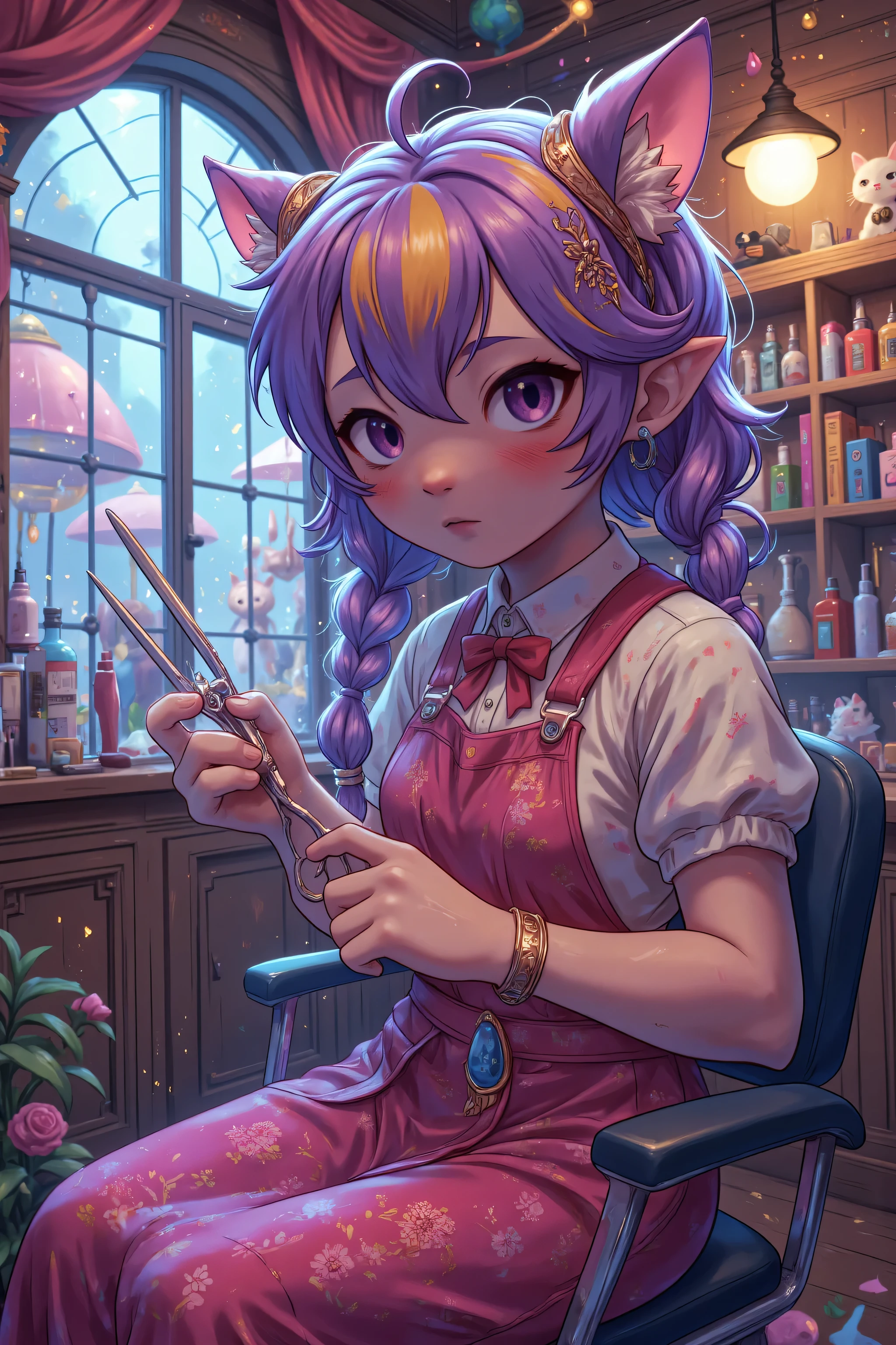 aidmanijiv6,zavy-ctcmcs,w1n,hyp3rd3tail style,midjourney , SFW a picture of a  female anthromorph hair dresser in a barber shop holding scissors, (intense details, Masterpiece, best quality) , colorful clothes, dynamic clothing, an ultra wide shot, full body (intense details, Masterpiece, best quality), dynamic fur color, rich hair, braided hair, small pointed ears, a, fantasy barber shop, stray cats, (intense details, Masterpiece, best quality), high details, best quality, 8k, [ultra detailed], masterpiece, best quality, (extremely detailed), dynamic angle, ultra wide shot, photorealistic, RAW, fantasy art, dnd art,fantasy art, realistic art, Celestial Fantasy, zavy-ctcmcs, w1n, hyp3rd3tail style