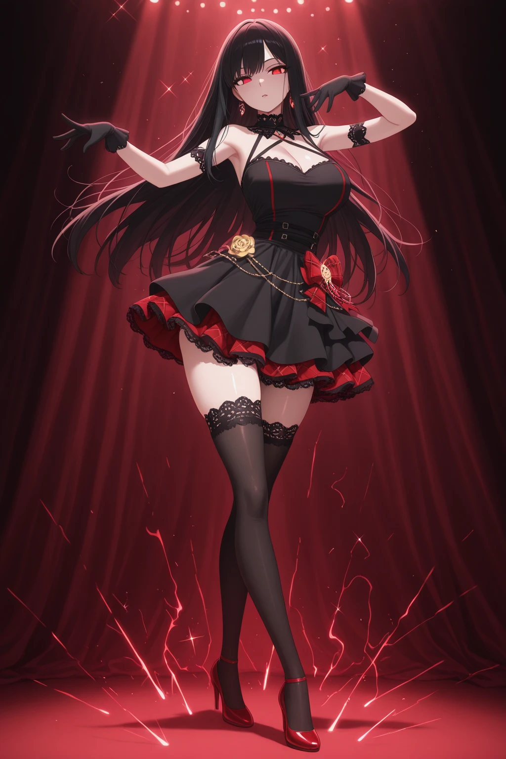 anime style, 1kid, elf, small, 11 years old, long hair, dark red hair, long locks, red eyes, vertical slit pupils, tight black gothic dress with lace, black ribbon on hair, two long twintails, miniskirt, black tights with lace, long black gloves, garter belt, evil smile, sharp teeth, cleavage, flat chest, bare shoulders, very thick thighs, medieval city, cowboy shot, sexy, seductive, from below, black panties, kid, kid small kid,
