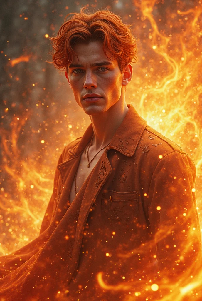 Create a boy, man, male, OF MALE GENDER as God of the sun. With red hair, blue eyes, freckles and Caucasian skin. A realistic image, Please.