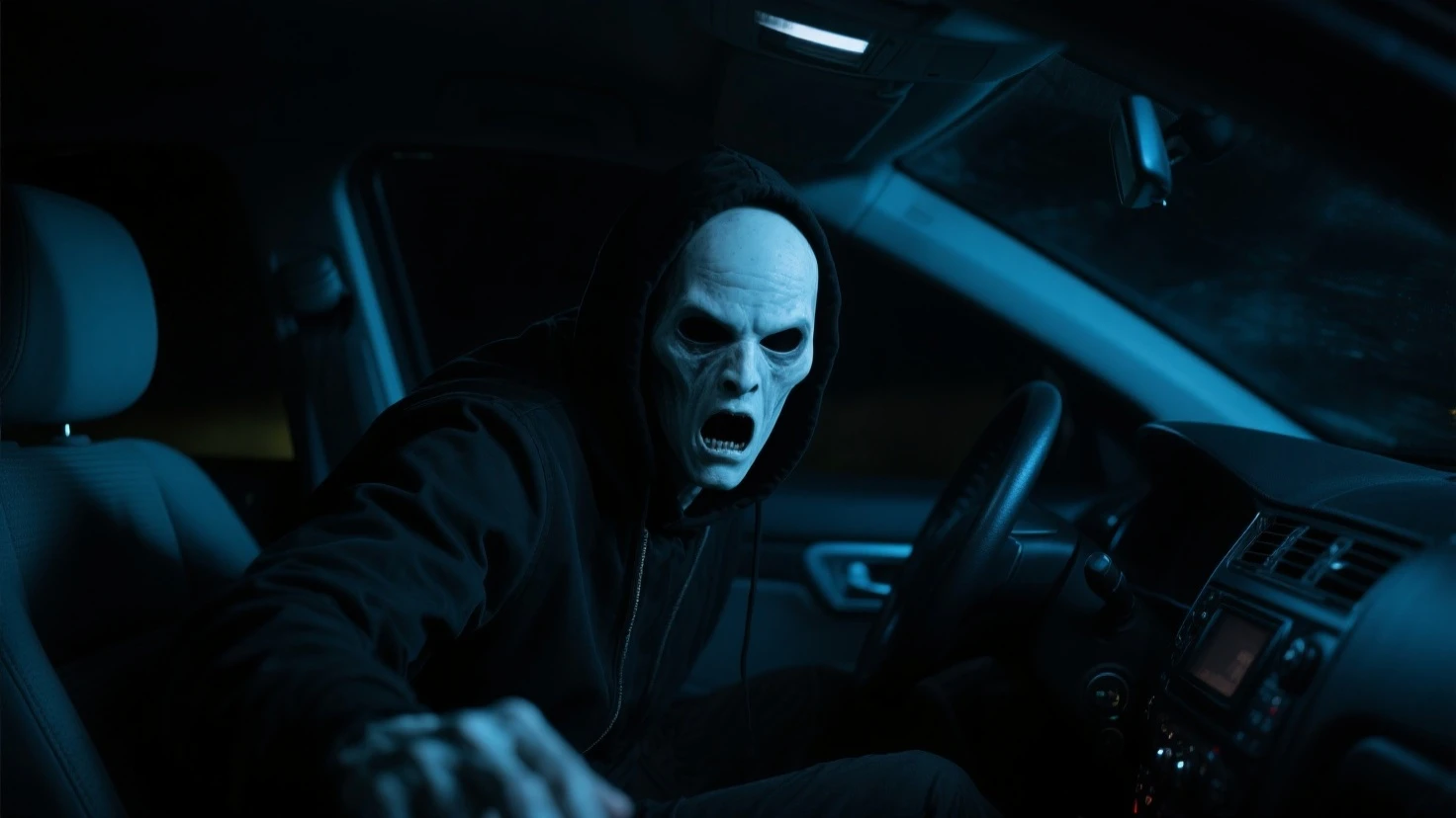 the grim reaper's shadow in a rearview car mirror, nightmare