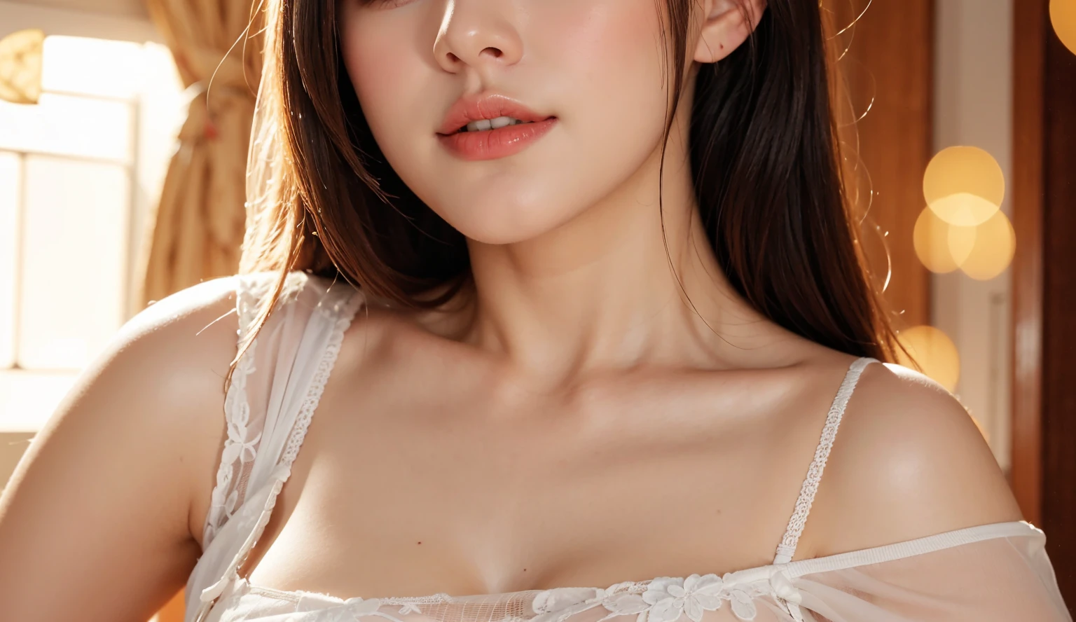Masterpiece、highest quality、8K，Ultra-high resolution、RAW Photos、UHD、日本people、beautiful girl、１people、woman, (Flower Hair Ornaments,Braided top knot,Twisted Side Part Ponytail Braided Headband,Half Up、Braided Space Van,Voluminous fishtail braid,Twisted pan),(Asymmetrical bangs)、 (Ultra Realistic),round face、 Fine and beautiful eyes, Lifted eyes、Big eyes、double eyelid、Thin eyebrows、Red around the eyes、Dolly Makeup、Thin lips, (Loose-fitting see-through blouse(beige color))、(Knitted micro mini skirt(Navy Blue)), A kind smile,  Professional photography, Cinematic Light, (Very beautiful face: 1.2),(Large Breasts:1.4)、Cleavage、Voluptuous thighs、Pictured from head to knee