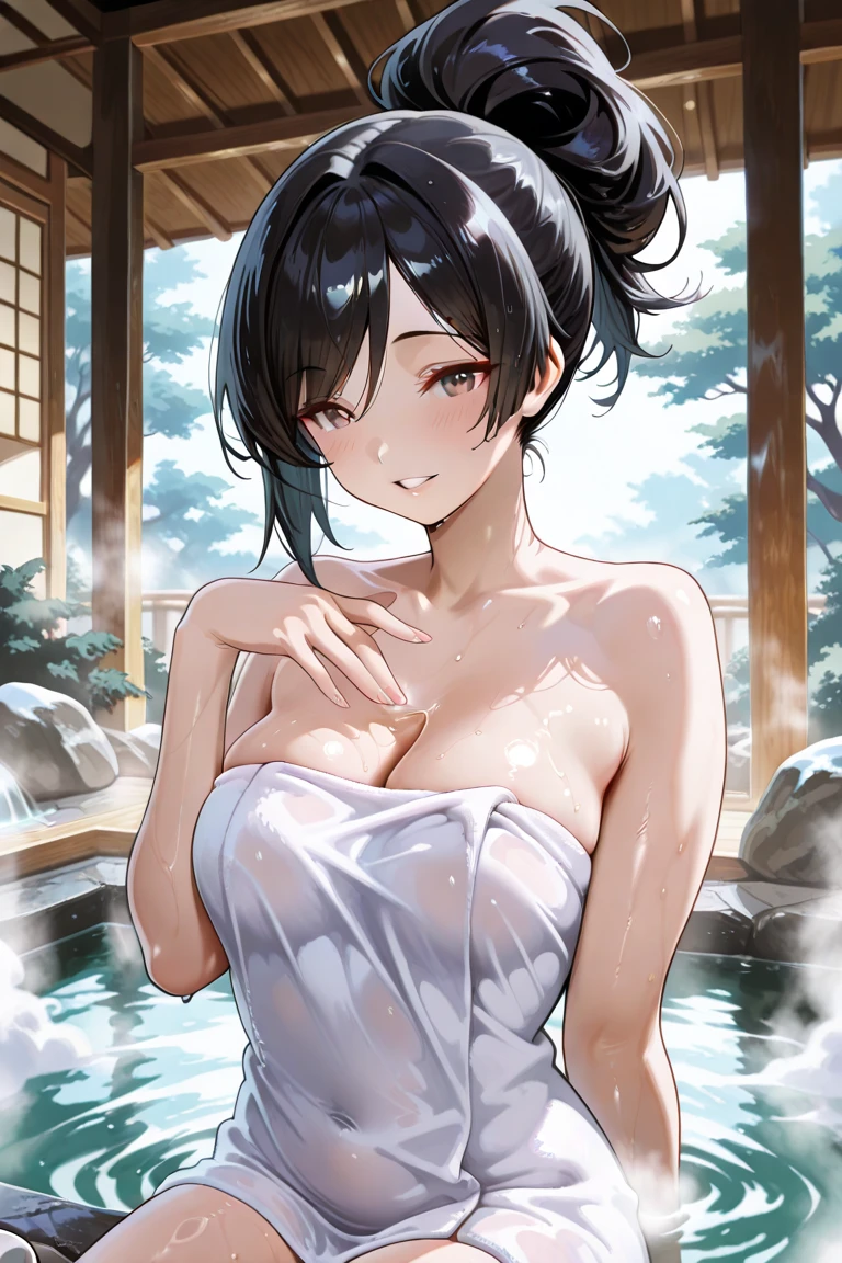 Standing 、Outstanding smile、 milf 、Japanes、huge breast、short hair、(gleaming skin:1.4)、arms behind back, pigeon toed, Esbian all over、(indoor public bath:1.8)