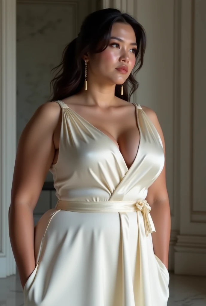 Office scene, A radiant, full-figured South Indian plus sized 35 year old aunty wearing a cream colour colour glittered chiffon short party gown, captured in a full-body image with vibrant hues and meticulous details. Full body image