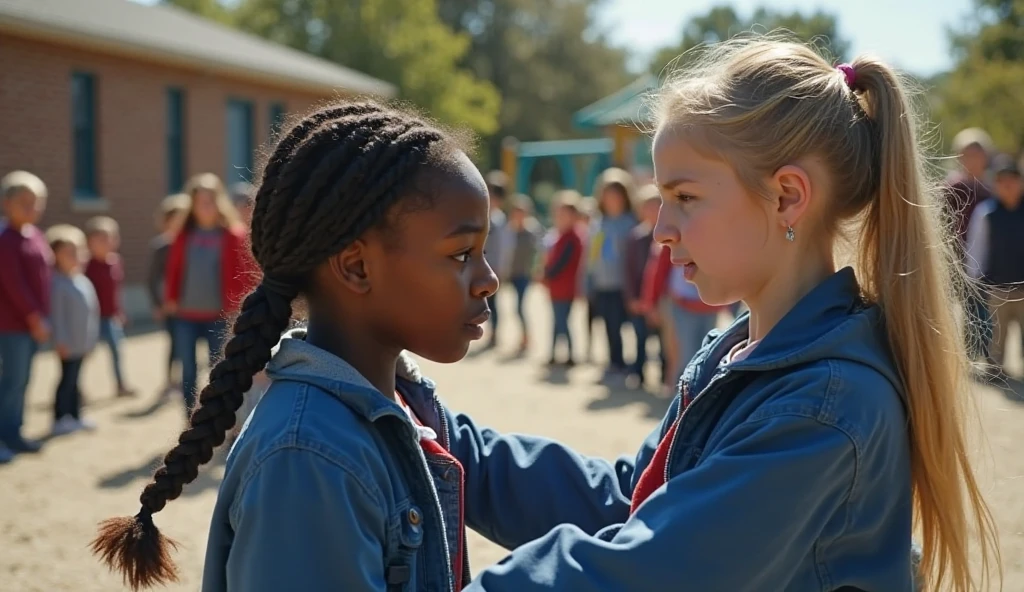 isvana is an 11 year old white girl with light hair and brown eyes, wearing a denim jacket and a white blouse, she looks like the singer Jon Bom Jovi, she is with her friend Leide, a 15 year old girl with dark skin, they know her lineker friend