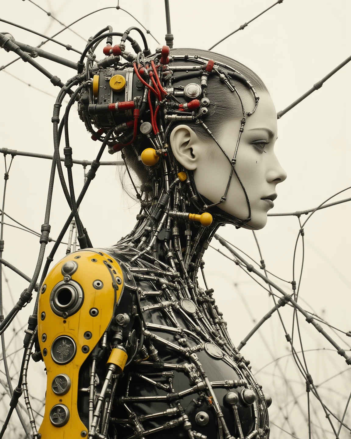 (masutepiece, of the highest quality, Best Quality, Official art, Beautiful Indulgence: 1.2), (1 girl: 1.3), Very detailed, Colorful, Supreme Detail ((ultra-detailliert)), (High Definition CG Illustration), ((from a (Very delicate and beautiful)), (Since a while ago), Cinematic Light, (1 Mechanical Girl)), Solo, Full body, (Mechanical joints: 1.2), ((Mechanical rim blood vessels connected to canals Mechanical vertebrae attached to the back), ((Mechanical cervical vertebrae attached to neck)), (Sitting), deadpan, (Wires and cables attached to the neck: 1.2), (Wires and cables attached to the neck: 1.2), (Character Focus), Science fiction, White background,