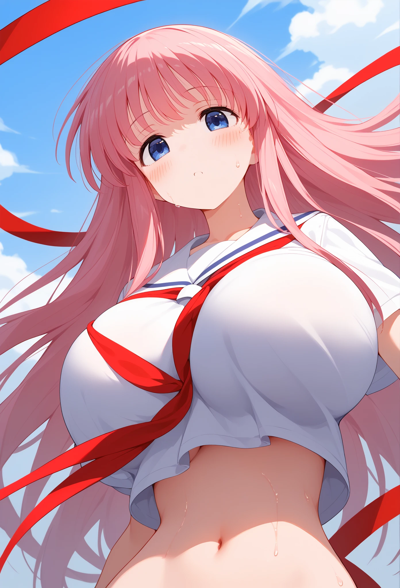 NSFW, 1girl solo long_hair, Sakura hair color twintails, wearing white kimono, Short white miniskirt with pleats worn at the waist, very big breasts, wearing micro bikini with white and blue side stripes as underwear, Ecstatic smile, very out one's crotch,