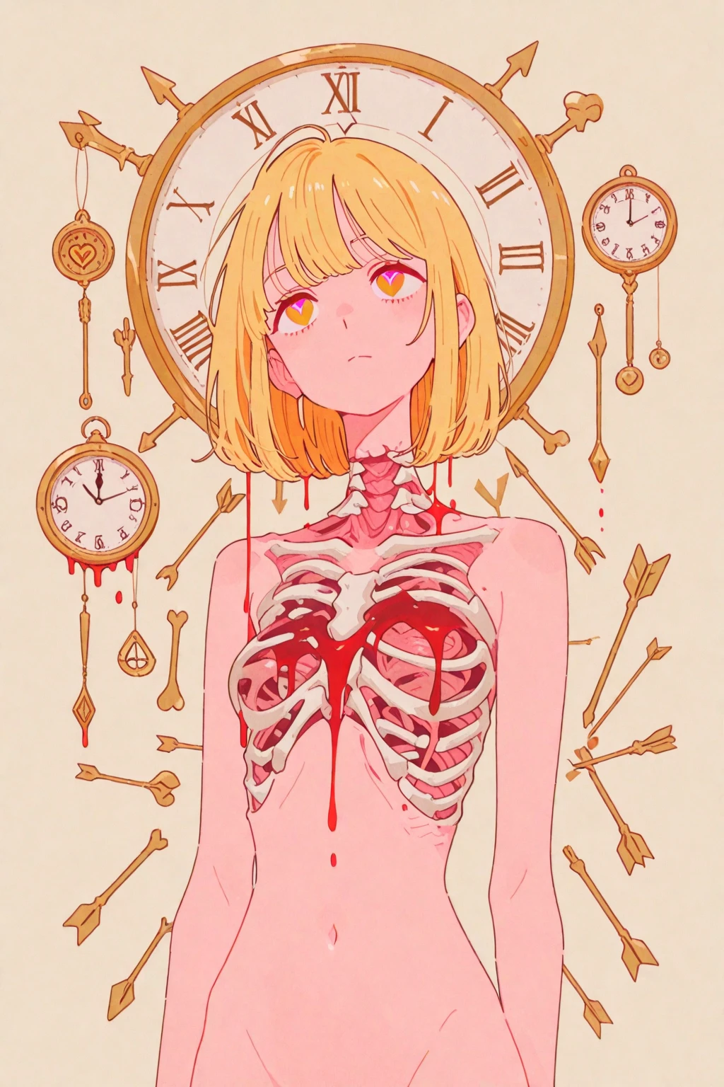 translucent skin, 1girl, bug, solo, green eyes, butterfly, breasts, looking at viewer, flower, parted lips, blonde hair, bone, white background, arms up, short hair, bangs, braid, fruit, small breasts, red flower, blood, long sleeves, thigh gap,<lora:TranslucentSkinV1:1>,