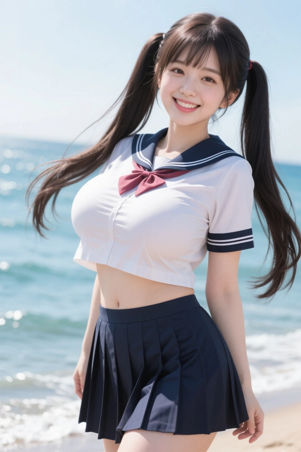 ultra highres,(reality: 1.4),highest quality, masterpiece, high detail, 16K quality, beautiful, 1 beautiful girl,japanese,super beautiful face,baby face,japanese idol face,cute face,super detailed face,detailed hand,beautiful skin,sweaty skin,big eyes,big smile,profeccional lighting,twin tails, black hair,brown beautiful eyes, white shirt,bowtie,brown checked skirt,standing,skirt lift,((wind lift:1.3)),(((show off panties))),((white panty)),medium breasts,she is looking at the camera,beach,blue sky, beautiful blue ocean,nsfw,from front,