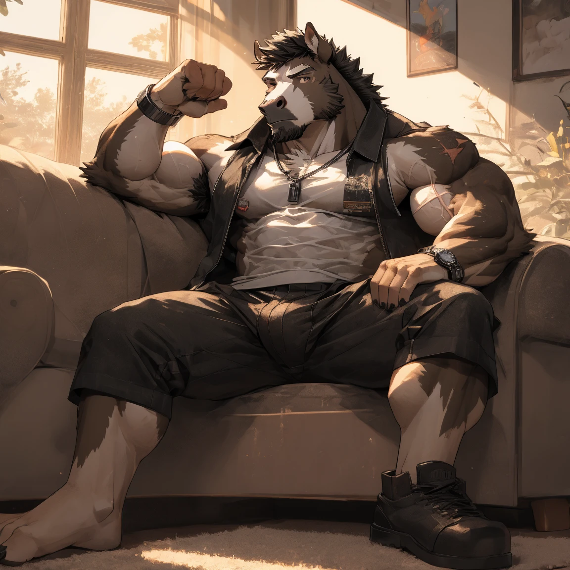 Solo, male, medium muscular, german shepherd, dog, shirtless, leather vest, blue jeans, leather chest harness, gun holster, leather fingerless gloves, fingerless gloves, workboots, boots on the coffee table, cigar, cigar in mouth, nipple piercing ((focus body, furry focus, shades focus, body shades)) nice body, sitting, sofa, posing, one arm raised, flexing one arm, exposed right armpit, armpit hair, groping bulge, left hand on bulge, touching crotch, model, light, shades, 4k, high quality (((living room background, house))), by darkgem, by mystikfox61