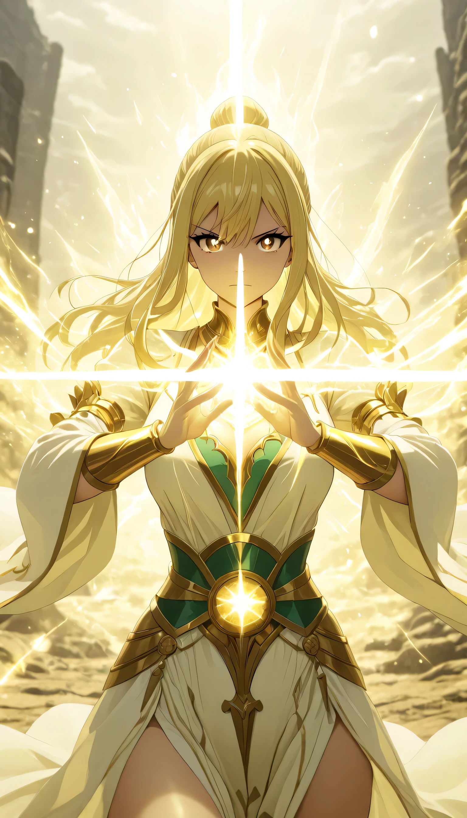 masterpiece, high score, great score, absurdres, close-up, beautiful woman, lucy heartfilia, long hair, blonde hair, brown eyes, mature female, ((celestial king zodiac form:combination white and green color, celestial king zodiac green and white clothes, Holmagmb, glowing, Yellow theme, Glowing eyes, yellow eyes,
Light swordman, light sword magic, luxurious and magnificent celestial king zodiac transformation clothing, with details and precision, aura magic sword, vivid colors, volumetric lighting, soft lighting, one girl, one female, one woman,cowboy shot,outdoors, depth of field, ((serious mode, holding light sword pose)), looking at the viewer, half body, swordman pose stance, sword, swordman ready to fight pose stance