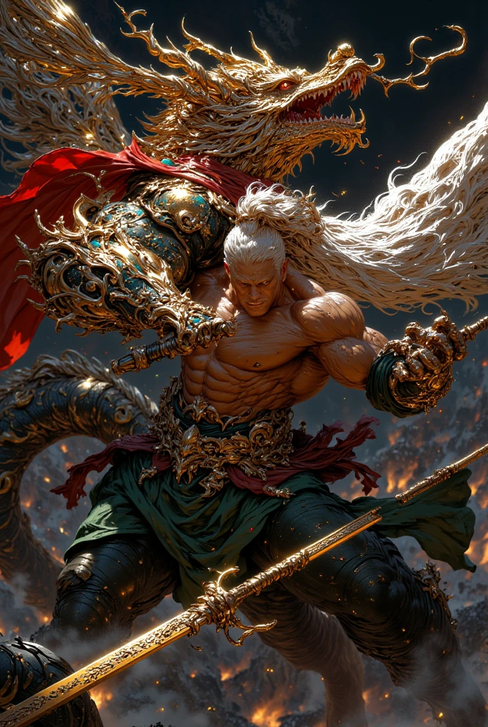 devil , a muscular man dressed in red, platinum blond hair, casting a powerfull spell, dramatic ball lightning between hands, dragon background, ancient chinese temple, highly detailed, photography, ultra sharp, film, bokeh, professional, 64k