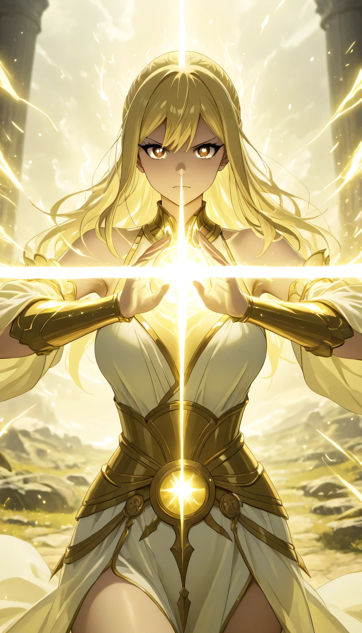masterpiece, high score, great score, absurdres, close-up, beautiful woman, lucy heartfilia, long hair, blonde hair, brown eyes, mature female, ((celestial king zodiac form:combination white and green color, celestial king zodiac green and white clothes, Holmagmb, glowing, Yellow night theme, Glowing eyes, yellow eyes,
Light swordman, light sword magic, luxurious and magnificent celestial king zodiac transformation clothing, with details and precision, aura magic sword, vivid colors, volumetric lighting, soft lighting, one girl, one female, one woman,cowboy shot,outdoors, depth of field, ((serious mode, holding light sword pose)), looking at the viewer, half body, swordman pose stance, sword, holding sword