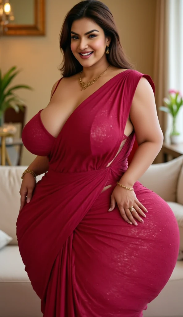 A beautiful poor married woman mother (busty, very large enormous breasts, beautiful straight eyes) with very beautiful face cleaning floor by hands wearing saree(very deep neck,). Cleaning floor and showcasing huge breasts with huge cleavage. Old clothes, saggy breasts, natural breasts, real skin, Long exposure. Full body photo.