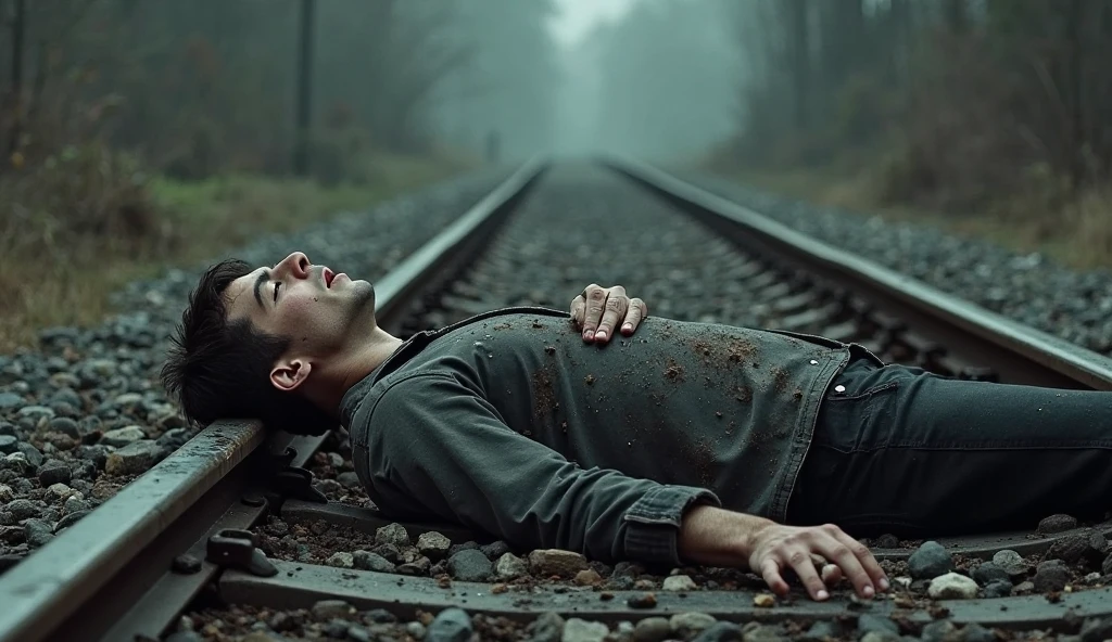 Generates an image of a person falling to the ground with some injuries and some train tracks in the background.
