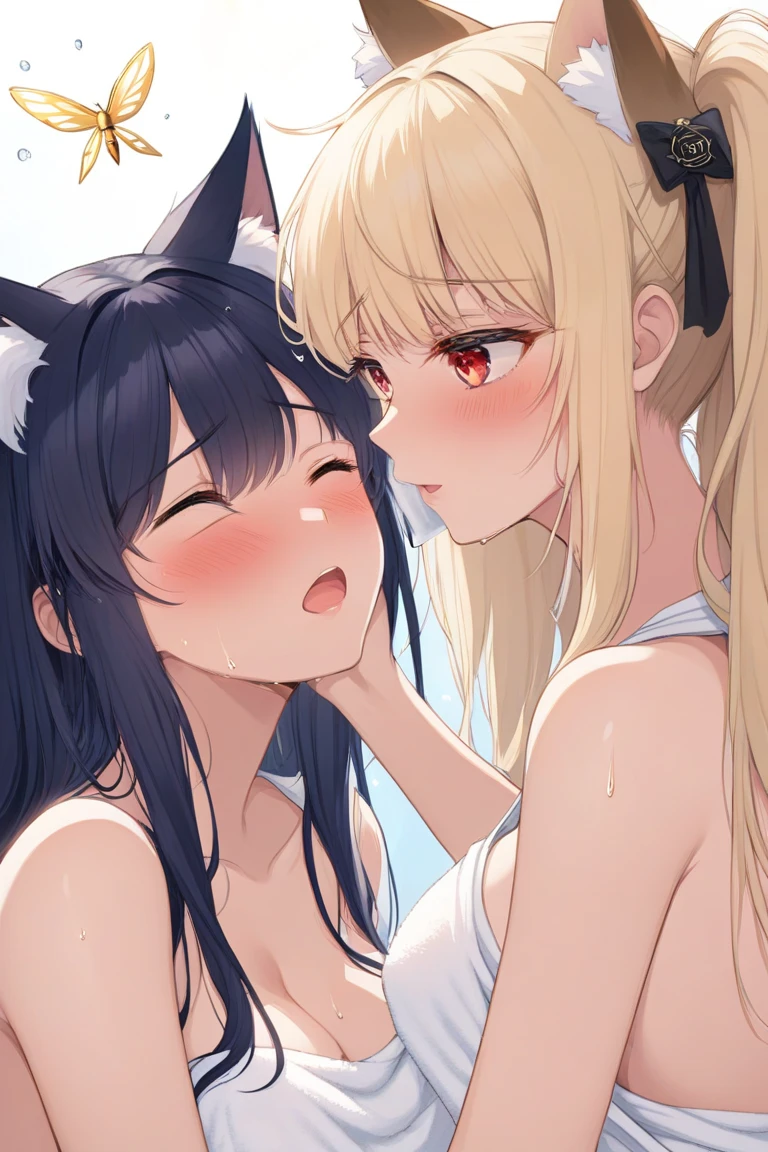 duet, two girls, twins, check_9,check_8_up,check_7_up, kemono style, source_cartoon, Fox, Anthro furry feline, female, tall, slender body, blonde, long cropped hair, pink nose, Blue eyes, white sideburns, hourglass figure, silver fur, gray stripes, furry body, wear only black bra and panties, simple background, one girl crawls towards another girl, they are on the floor, The girl below looks confused, female straddling other female, side view, Mammary gland, bare chest, kissing, девушки kissing, Close-up, edit, lick language, drool, drool сочные стикает со рта, edit, caresses his mouth with his tongue, beautiful faces, 2 beauties, touch each other tenderly, Love, brunettes, fox, Looking into each other's eyes, naked tits, nipples, small breast size,