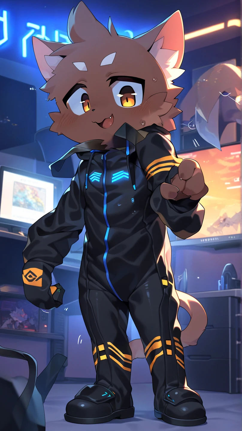 Highest quality, Highest quality, High quality illustrations, masterpiece, Ultra-high resolution, Detailed Background, Gaming Room, Absurd, Perfect Anatomy, performance, Good lighting, Shadows in the movies(kemono, Furry Personification), cat, Black Skin, Rubber suit, Rubber suit, latex, neon, neonライト, neonカラー, Fishnet tights, Rubber Hoodie, Embarrassed, null bulge, male, juvenile