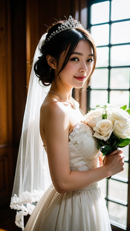 (Masterpiece), (Intricate Details), (Photorealistic: 1.3), (Film Grain: 1.3), (Perfect Anatomy: 1.3), 1 woman, small breasts, smile, tan, short hair, ponytail, (forehead exposure: 1.2),, blush, fine wrinkles, pores, complexion, Korean, K-pop idol, 16 years old, wedding dress, wedding veil, smile, wedding hall, wedding photo,